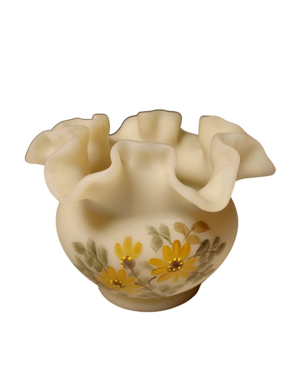 Fenton Custard Hand-Painted By Sally Webster Ruffled Rose Bowl With Daisy Floral